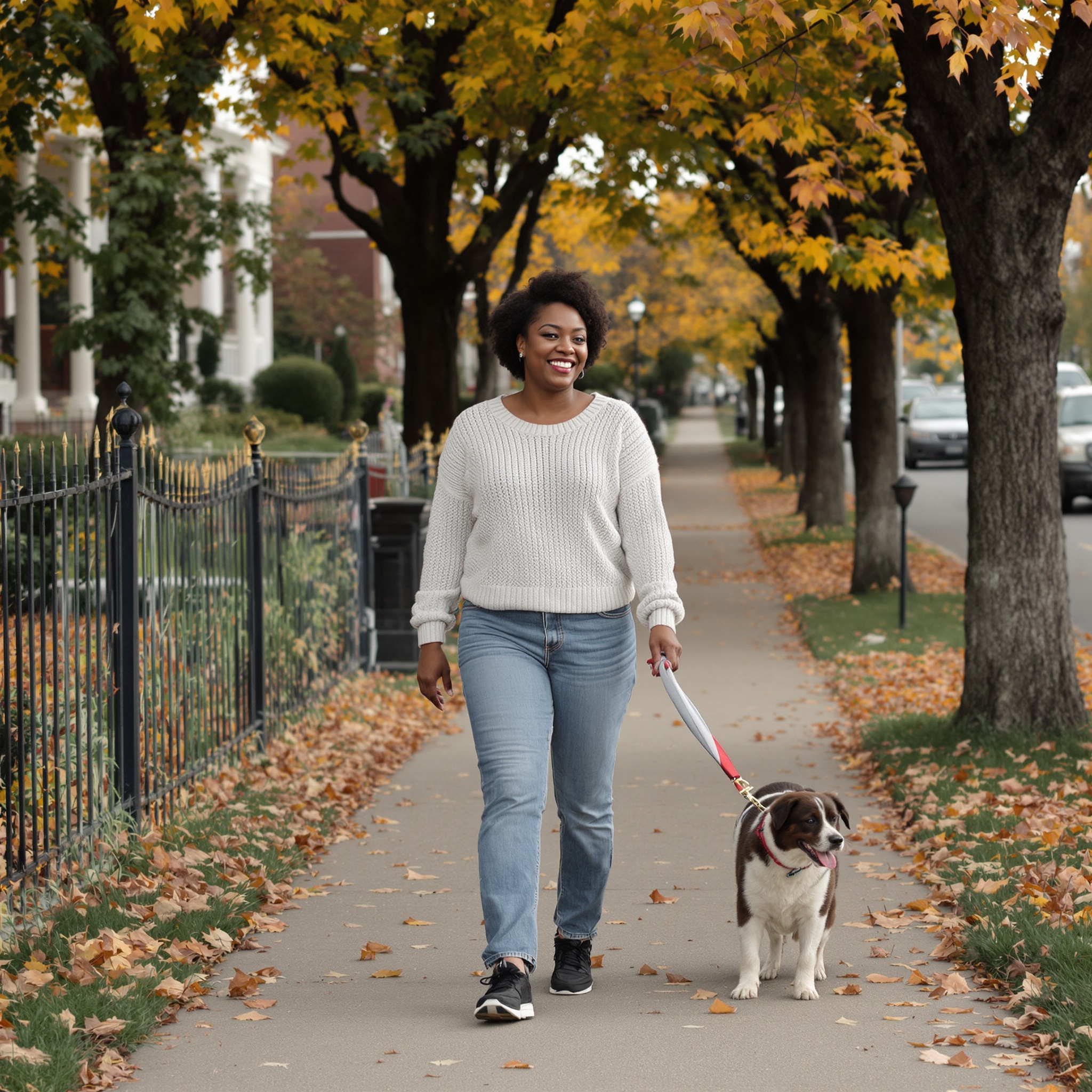 A woman walking her dog along a tree-lined neighborhood street on an autumn morning.