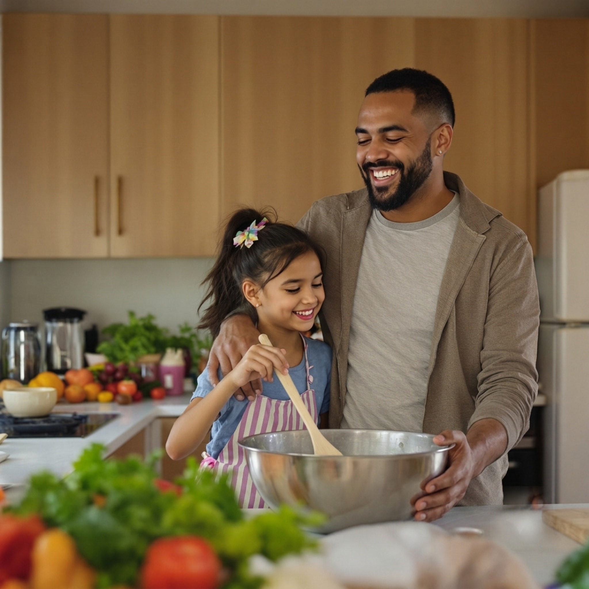 A father and his young daughter laughing while cooking fresh vegetables together at home.