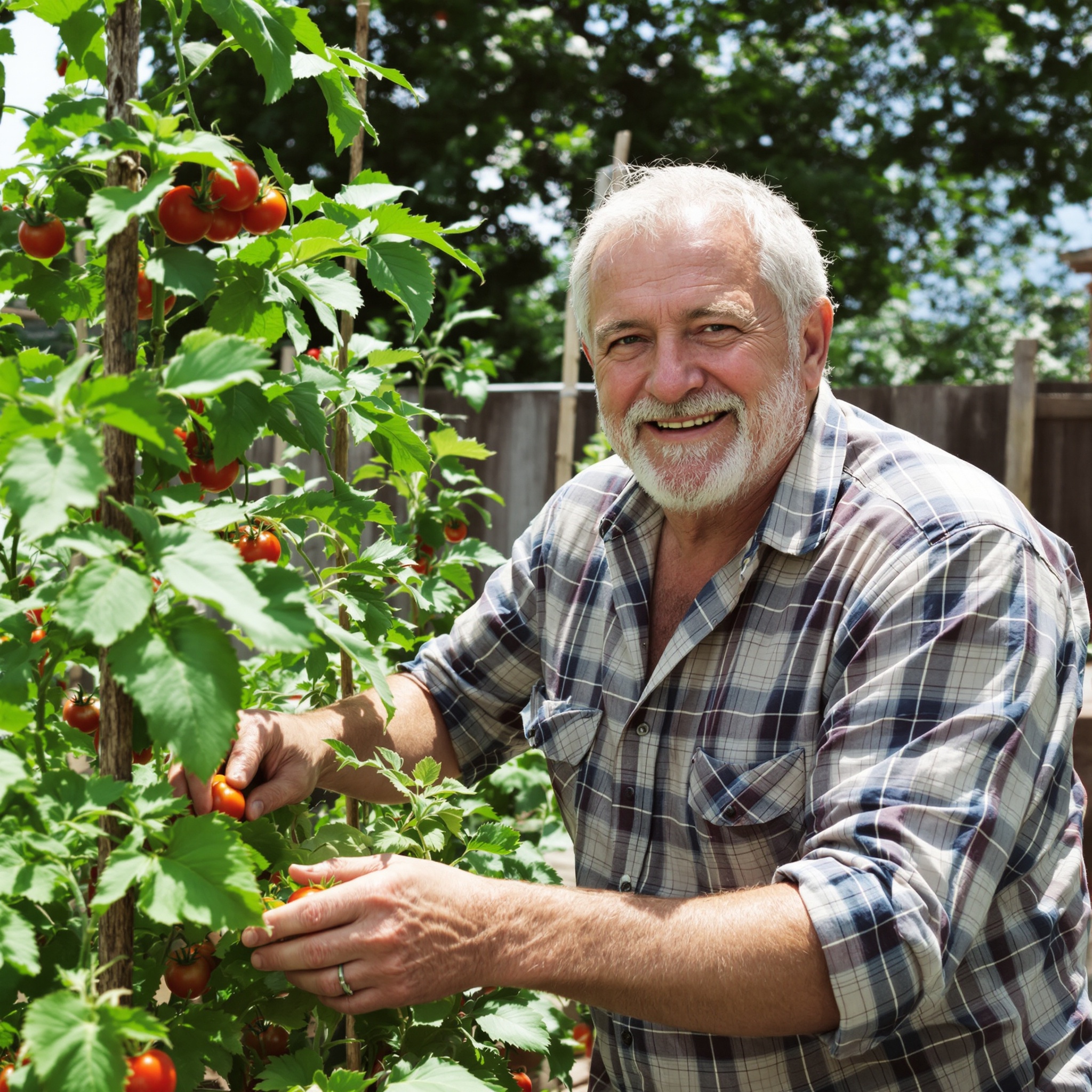 An older man smiling while tending tomato plants in his backyard garden.